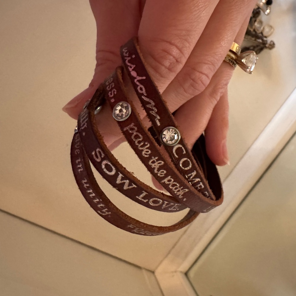 Leather Wrap Bracelet • Inspirational Word Straps • Rhinestone Snap - Picture 2 of 3